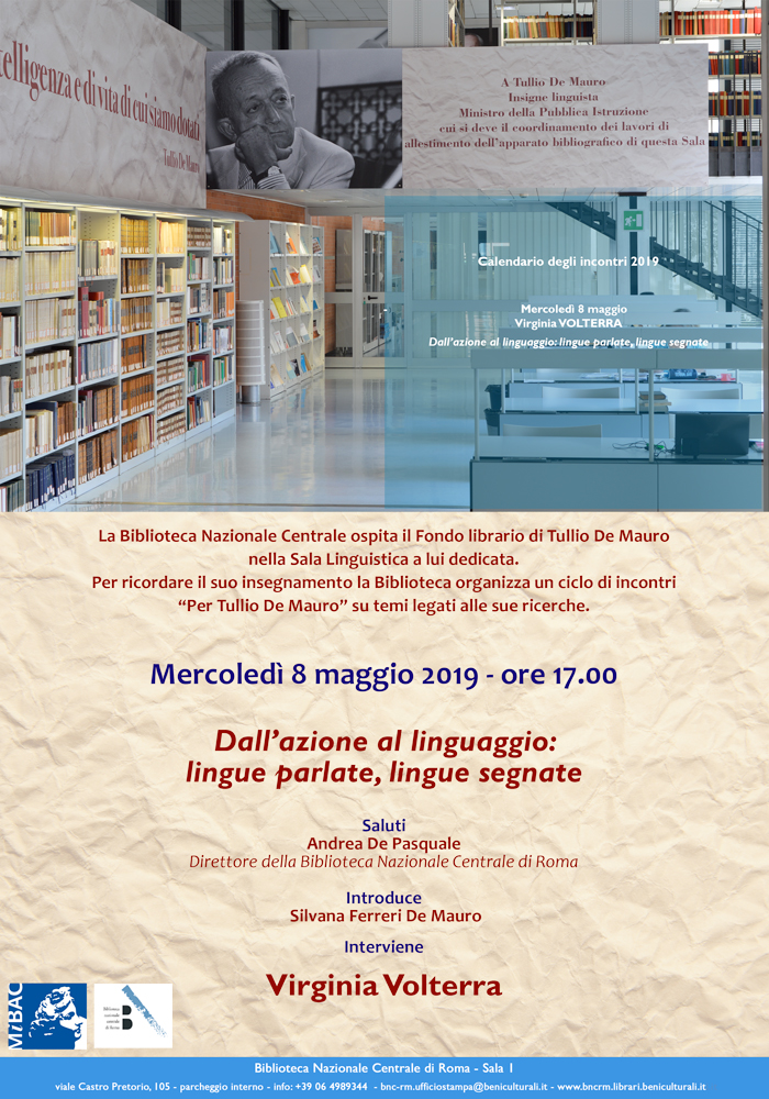 Locandina dell'incontro dell'8 Maggio alla Biblioteca Centrale, in onore di Tullio De Mauro.